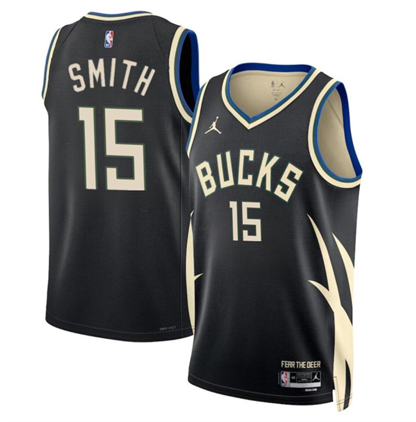 Men's Black Milwaukee Bucks #15 Tyler Smith 2024 Draft Statement Edition Stitched Basketball Jersey